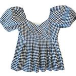 Draper James  Women’s Gingham Puff Sleeve Peplum Top Blue White Blouse Size L Photo 0