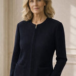 St. John Collection  Knit Zip Front Ribbon Trim Cropped Dark Navy Blue Blazer 6 Photo 0