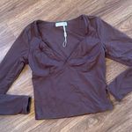 Qinsen Brown Fitted Crop Blouse Longsleeve size large Photo 1