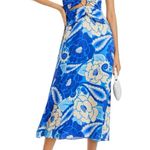 Farm Rio  NWT Women’s Size L Blue White Tropical Groove Cutout Detail Midi Dress Photo 0