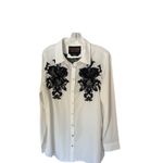 Soft Surroundings Label Noir White Button Down Shirt Blue Lace Detail Photo 3