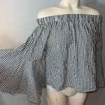 Neiman Marcus  black white checked off shoulder bell sleeve blouse large Photo 1