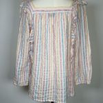 CHAPS Square Neck Striped Peasant Blouse Cotton Linen Blend Women’s Size Medium Photo 5