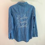 Gypsy Warrior  Embroidered “Rules Breed Rebels” Denim Button Up Shirt Large Photo 1