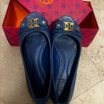 Tory Burch  Navy Peep Toe Heels with Gold Accent Photo 0