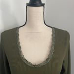 Ribbed Lace Trim Long Sleeve Shirt Small Olive Green Scoop Neck Casual Everyday Photo 2