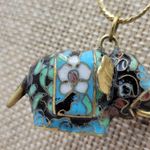 Vintage Brass Cloisonne Elephant Trunk Up Pendant Gold Chain Necklace 16" Photo 8