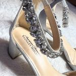 Badgley Mischka  Silver Glitter Rhinestone Embellished  Ankle Strap Block Heels Photo 4