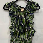 Michael Kors  Women's Piette Green Black Ruffle Short Sleeve Blouse Shirt Photo 0