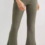 Aerie  Waffle Knit High Waisted Flare Leg Pants Green Pull on Cozy S Long Photo 0
