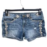 Maurice's SZ 5/6 Jean Shorts Embroidered Low-Rise Frayed Hems Distressed Whisker Photo 0