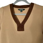 Ralph Lauren Lauren  Tan Brown Suede Trim V Neck Long Sleeve top Size Med Photo 3