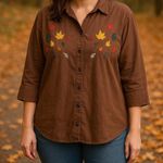 American Vintage Vintage autumn fall leaves embroidered brown button-down shirt extra large Photo 5