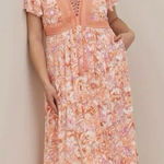 Torrid Coral Floral Crinkle Gauze Lace Up Midi Dress Size 2X Pockets Tassels Photo 0