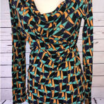 CAbi  Small Long Sleeve Shirt Faux wrap ruched Gathered Front Geometric‎ Colorful Photo 0