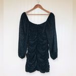 ASTR ‎  Black Low Cut Long Sleeve Mini Dress Fringe Shiny Metallic Ruched Small Photo 3