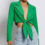 Meshki  kelly green linen tie front crop top collar top vneck knot blouse Photo 1