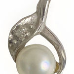 14KT Solid White Fine Gold 6mm Round White Pearl And Diamond Pendant TESTED Silver Photo 0