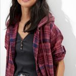 American Eagle Size S Hooded Cropped Flannel Shirt Burgandy Plaid Distressed Photo 0