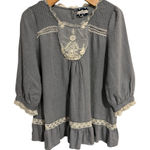 Comme Toi Anthropology Peasant Blouse Womens L Blue Linen Lace Trim 3/4 Sleeve Size L Photo 0