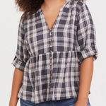 Torrid  Plaid Button-Front Crop‎ Babydoll Blouse in Grey Pink Size 2X Photo 0