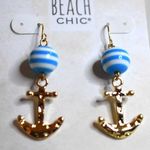 NWT Beach Chic Vacation Blue/White Beaded Gold Tone Anchor Dangle Hook Earrings Photo 0