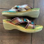 Corkys Elite Channel Hand Painted Leather Wedge Sandals Size 7 Artsy Boho Floral Tan Photo 3