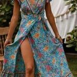 Boutique Short Sleeve Boho Floral Mixed Print Maxi Wrap Dress Boho Blue Small Ru Photo 0