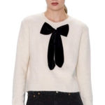 ZARA  Cream Long Sleeve Velvet Bow Sweater Women's Size Medium Photo 0