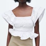 ZARA NWT white cotton ruffle sleeve peplum smocked stretchy top Photo 8