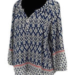 Beach Lunch Lounge Womens Ikat Notch Neck‎ 3/4 Sleeve Tunic Blouse Blue Medium Photo 0