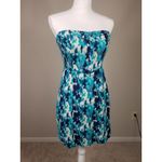 Free People  Strapless Blue & Teal Abstract Print Mini Dress With Smocked Back Photo 3