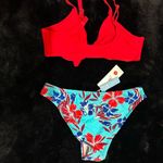 Cupshe  Women’s Red Bikini Top Floral High Waist Bottom Swimwear NWT Size L Beach Photo 8