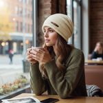 Slouchy Stretchy Winter Cozy Cream Buckle Beanie Knit Hat One Size Thick Soft Tan Photo 2