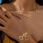 5pc Set Elegant Lucky Clover Necklace,Bracelet, Bangle, Ring, Anklet Jewelry Gold Photo 1