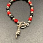Red Black And Sterling Silver Beaded Toggle Clasp Bracelet Cardinal Charm 7.5” Photo 1