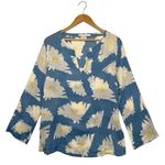 Island Company Top Womens Medium Blue Linen Floral Beach Cottage Coastal Boho Photo 0