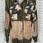 Dress Barn Vintage‎  Printed Button Front Blouse Shirt Olive Tan Small Photo 0