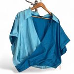 Eloquii  wrap blouse deep v neck gathered plunge collar color block NEW blue 24 Photo 0