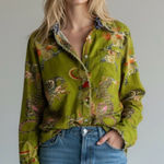 Vintage Y2K Tizzie Chinese Green Dragon Print Button Down Shirt Size Large Photo 0