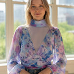 ZARA NWOT  LONG SLEEVE FLORAL WATERCOLOR CROP TOP CHIFFON FABRIC MEDIUM Photo 0