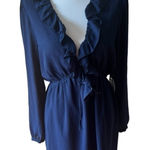 About Us NEW Navy Blue Ruffled Long Sleeve Plunging V-Neck Mini Dress Photo 0