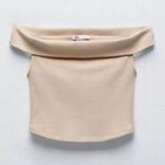 ZARA | Ribbed Off the Shoulder Neutral Color Fold Over Top Size Small Going Out Photo 3