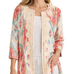 Chico's Chico’s Open Front Linen Cotton Jacket Ikat Print Crochet Trim Size 3 XL Photo 0