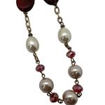 Vintage Gold Tone Necklace Faux Pearl Glass Beads Aurora Borealis Red Agate 38" Photo 1