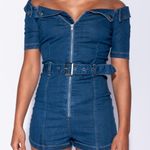 Parisian Off the Shoulder Zip Front Belted Denim Romper NWT Size 10 Photo 2
