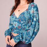 Band of the Free Sybille Teal Boho Floral Smocked Crossover Crop Top Casual L Blue Size L Photo 0