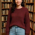 Knox Rose Sweater Woman's Medium Burgundy Red Textured Sleeves Crew Neck Minimal Photo 0