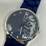 Women watch silver tone 29mm round case blue dial silicone band quartz running Photo 2