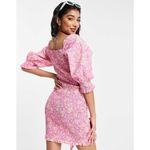 ASOS x NEW LOOK Dress Size 6 Smocked Floral Ruched Pink Orange Mini Sweetheart Photo 1
